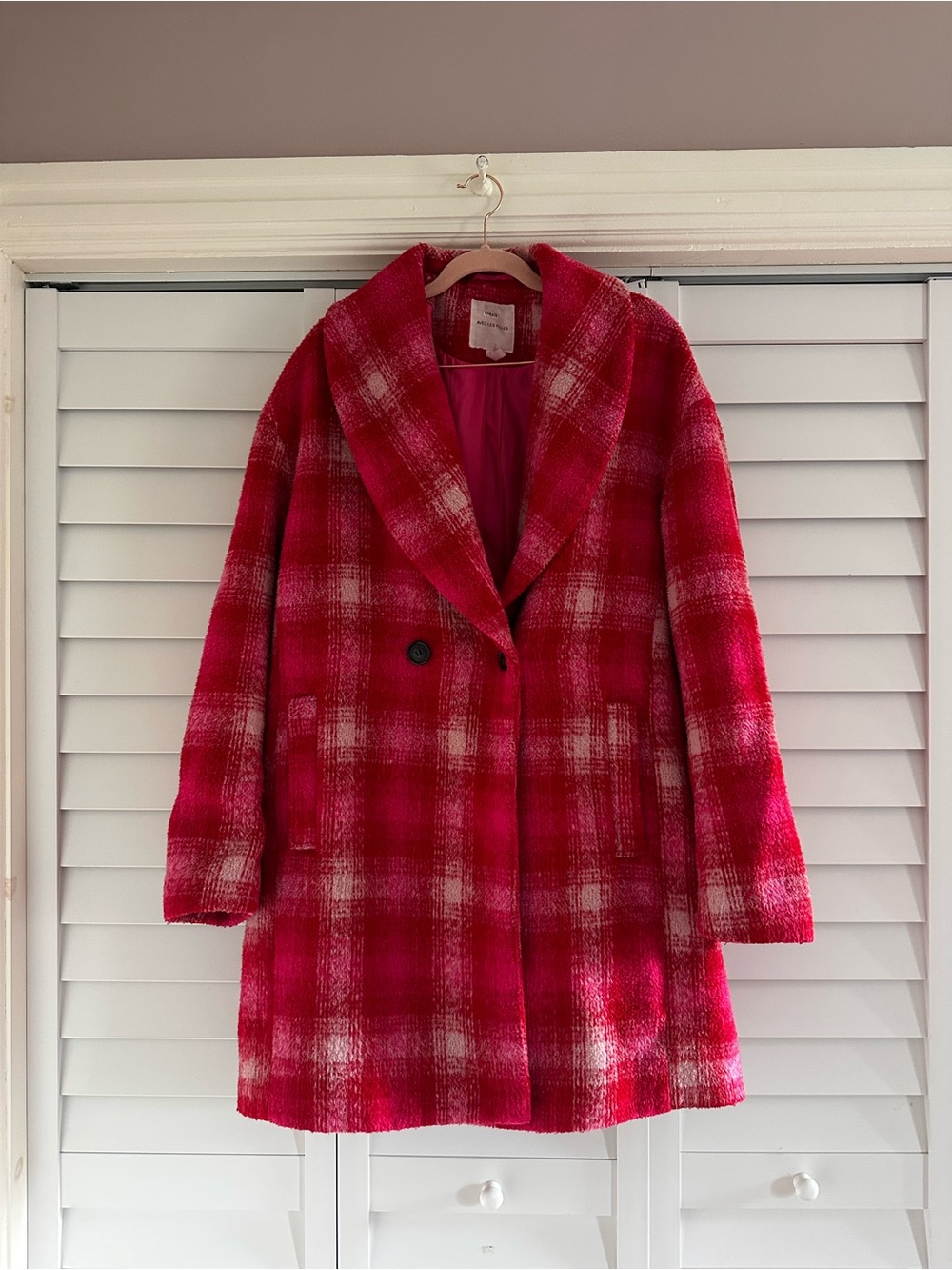 Avec Les Filles Red Plaid Shawl Collar Pea Coat